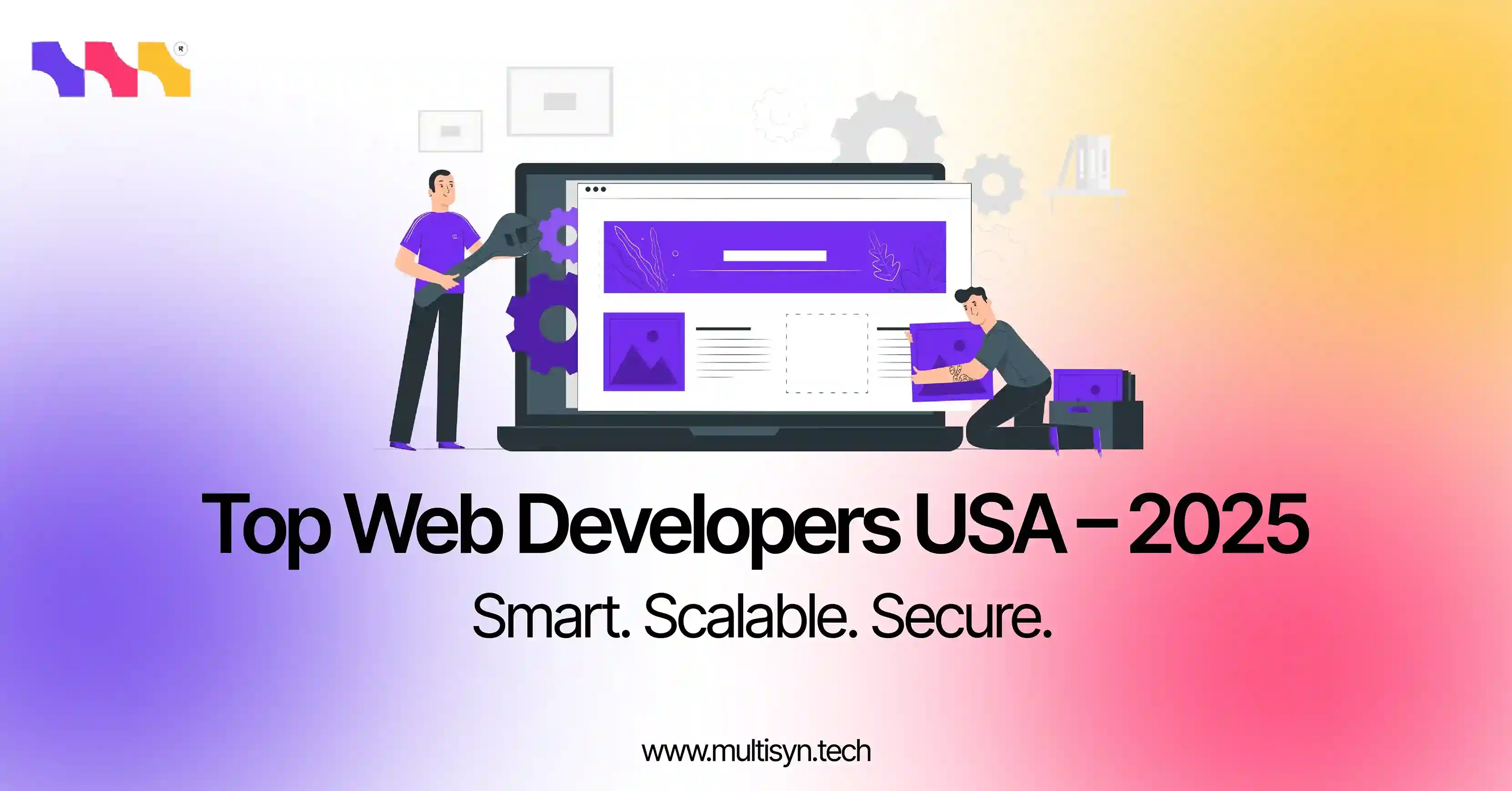 Illustration of two developers working on a website interface with the text 